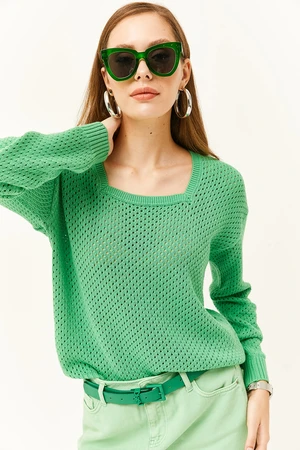 Olalook Women's Green Square Neck Openwork Knitwear Sweater