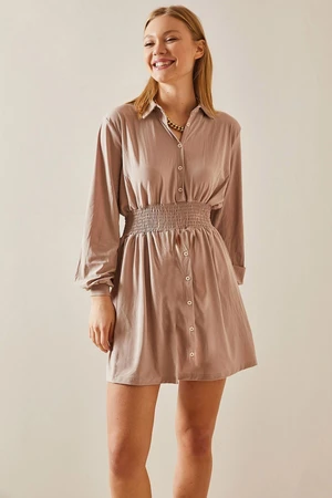 XHAN Beige Polo Neck Elastic Detail Mini Dress