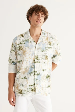 AC&Co / Altınyıldız Classics Men's Ecru-blue Oversized Wide Cut, Cuban Collar Printed Linen Shirt.