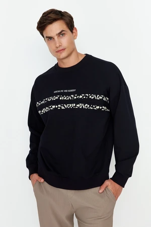 Trendyol Men's Navy Oversize/Wide Fit Crew Neck Text Printed Sweatshirt