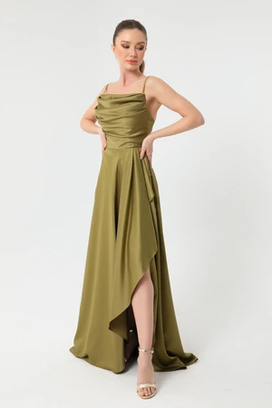 Lafaba Women's Oil Green Ruffles & Slit Satin Evening & Prom Dress