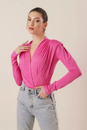 By Saygı Double-breasted Collar Blouse with Pleats and Snap Snap Off the Shoulder Pink