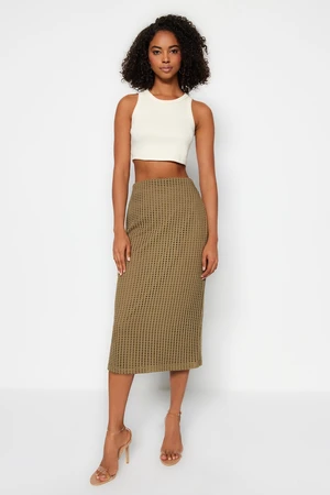 Trendyol Khaki Midi Lined Mesh Fabric High Waist Knitted Skirt