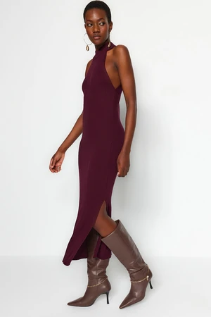 Trendyol Purple Maxi Sweater With Slit Detailed Halter Neck Dress