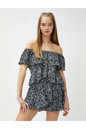 Koton Floral Mini Jumpsuit With Off-Shoulder Ruffles With Frills