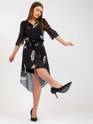 Black asymmetrical dress with Yarela print and tie