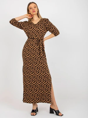 Camel and black midi dress with viscose prints