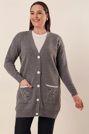 By Saygı Beads And Stones Detail With Pockets And Buttons In The Front Plus Size Acrylic Cardigan Gray