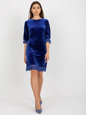 Cobalt blue velour cocktail dress with 3/4 sleeves