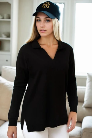 83295 Dewberry Polo Neck Long Sleeve Slit Sweater-BLACK