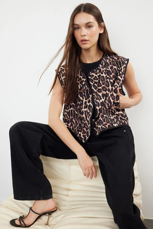 Trendyol Brown Regular Leopard Patterned Double Sided Double Face Crop Woven Vest