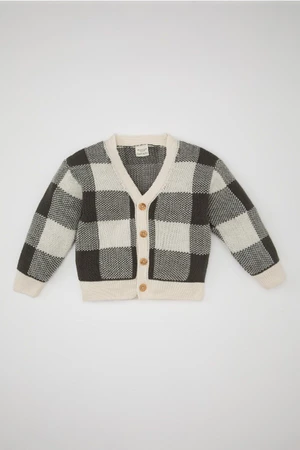 DEFACTO Baby Boy Checkered V-Neck Button Closure Knitwear Cardigan