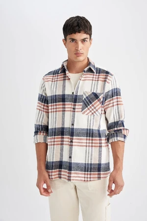 DEFACTO Men's Ecru Regular Fit Regular Cut Polo Collar Checked Lumberjack Flannel Long Sleeve Shirt