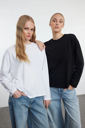 Trendyol Black-White 2-Pack 100% Single Jersey Oversize/Wide Cut Knitted T-Shirt