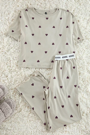 Trendyol Mint Heart Patterned Slogan Elastic Detailed Ribbed Knitted Pajama Set