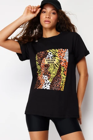 Trendyol Black Printed Boyfriend Dzianinowy T-Shirt