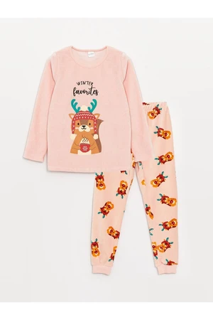 LC Waikiki Crew Neck Christmas Themed Long Sleeve Velvet Girls Kids Pajamas Set