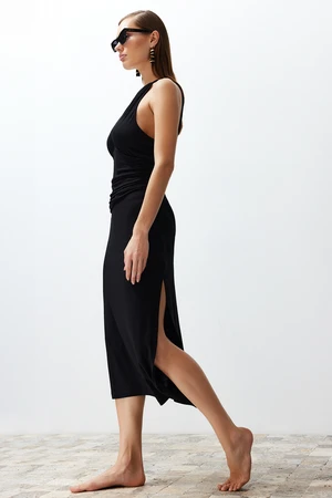 Trendyol Black Fitted Maxi Knitted Cut Out/Window One Shoulder Beach Dress