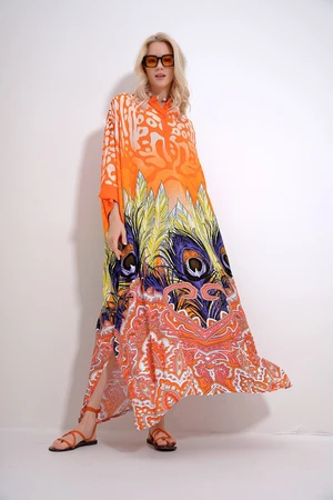 Trend Alaçatı Stili Women's Orange Full Collar Bat Sleeve Patterned Maxi Length Woven Dress with Slits on the Sides