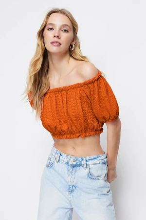 Trendyol Orange Carmen Collar Wrap Crop Knitted Blouse