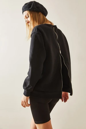 XHAN Black Crew Neck Back Zipper Sweatshirt