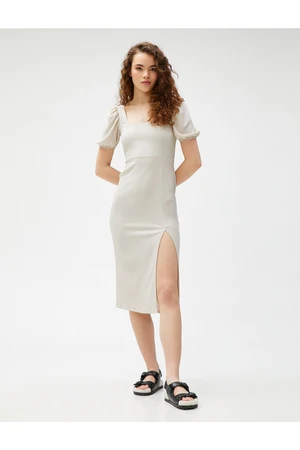 Koton Midi Dress with Balloon Sleeves and a Slit Square Neckline.