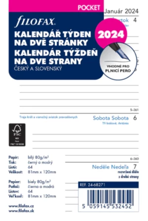 Filofax Náplň do diáře 2024 - kapesní, týden/2 str, linky, ČJ+SJ