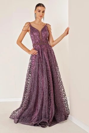 By Saygı Thin Straps, Beading Detailed, Tie Back Lined Floral Glitter Flocked Printed Long Dress