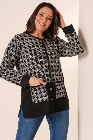 By Saygı Geometric Pattern Plus Size Knitwear Cardigan with Front Buttoned Pockets