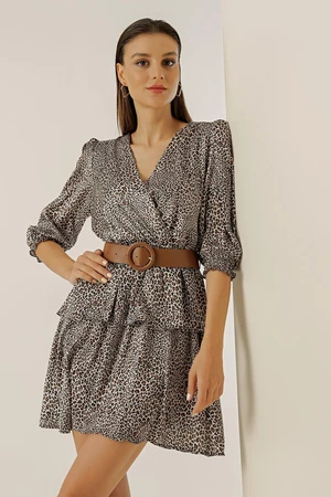 By Saygı Leopard Patterned Layered Satin Dress With Double Breasted Collar Waist Belt Lined