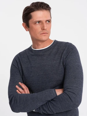 Ombre Men's cotton sweater with round neckline - navy blue melange