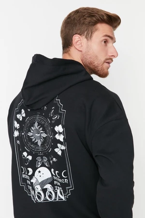 Trendyol Black Men's Oversize Hoodie. Space Printed Cotton Sweatshirt with a Soft Pile Interior