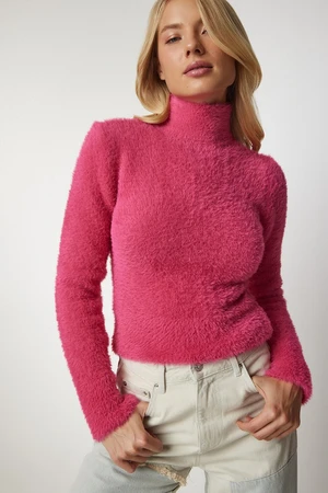 Happiness İstanbul Women's Fuchsia Turtleneck Bearded Knitwear Sweater