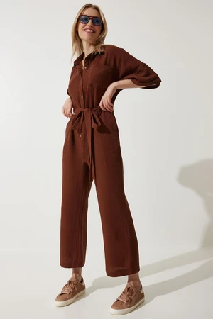 Happiness İstanbul Women's Brown Premium Belted Muslin Jumpsuit