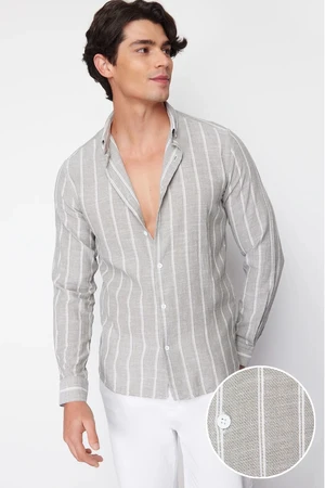 Trendyol Light Khaki Slim Fit Button-down Collar Striped Shirt