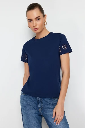 Trendyol Navy Blue Brode Detail Regular/Basic Fit Knitted T-Shirt