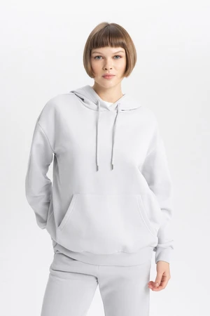 DEFACTO Relax Fit Hooded Kangaroo Pocket Thick Basic Plain Gray Sweatshirt