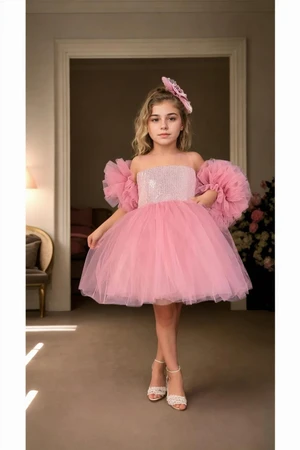 N4732 Dewberry Chiffon Sequined Girls Evening Dress-DARK PINK