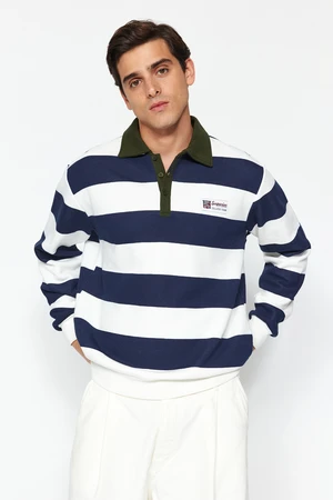 Trendyol Navy Blue Regular/Normal Cut Polo Collar Striped Fleece Inside/Warm Sweatshirt