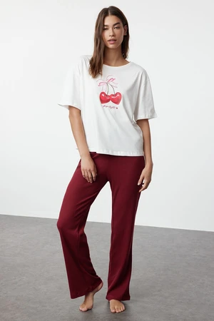 Trendyol White Cherry and Ribbon/Bow Printed Top Single Jersey Bottom Camisole Knitted Pajama Set