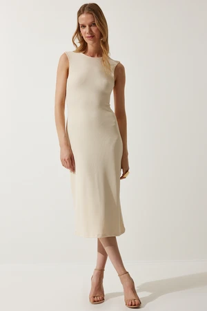 Happiness İstanbul Women's Cream Decollete Ribbed Knitted Dress