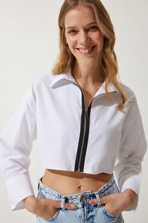 Happiness İstanbul Women's White Zipper Poplin Crop Shirt