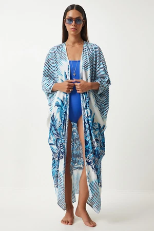 Happiness İstanbul Women's Blue Ecru Patterned Asymmetrical Viscose Kimono