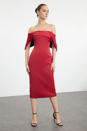 Trendyol Dark Red Body-Smoothing Carmen Collar Satin Woven Dress