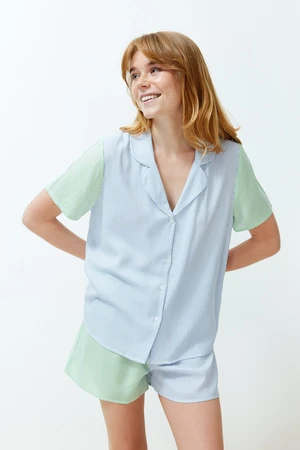 Trendyol Blue-Green 2-Color Striped Viscose Woven Pajamas Set