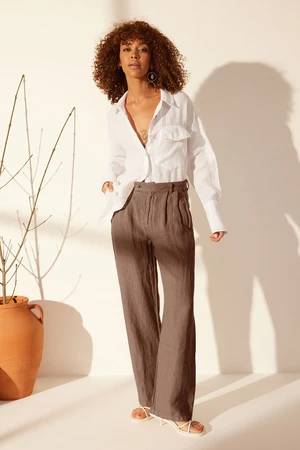 Trendyol Brown 100% Linen Pleated High Waist Wide Leg Trousers