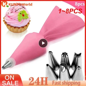 1~8PCS /bag Silicone Icing Piping Cream Pastry Bag + 6 Stainless Steel Cake Nozzle DIY Cake Decorating Tips Fondant Tools