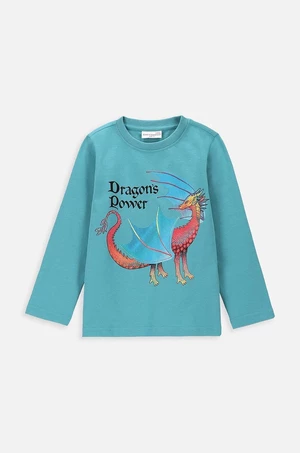 Dětské bavlněné tričko s dlouhým rukávem Coccodrillo tyrkysová barva, s potiskem