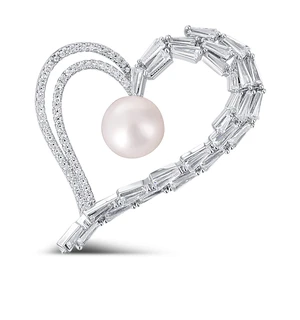 JwL Luxury Pearls Třpytivá brož asymetrické srdce s pravou perlou a krystaly JL0696