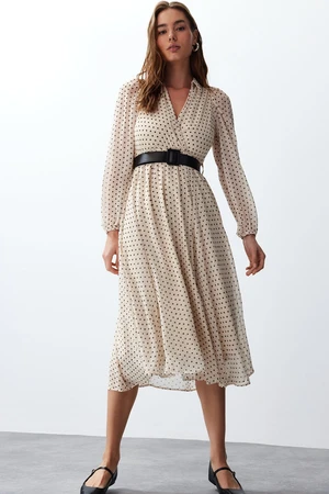 Trendyol Beige Belted Polka Dot Chiffon Lined Midi Woven Dress